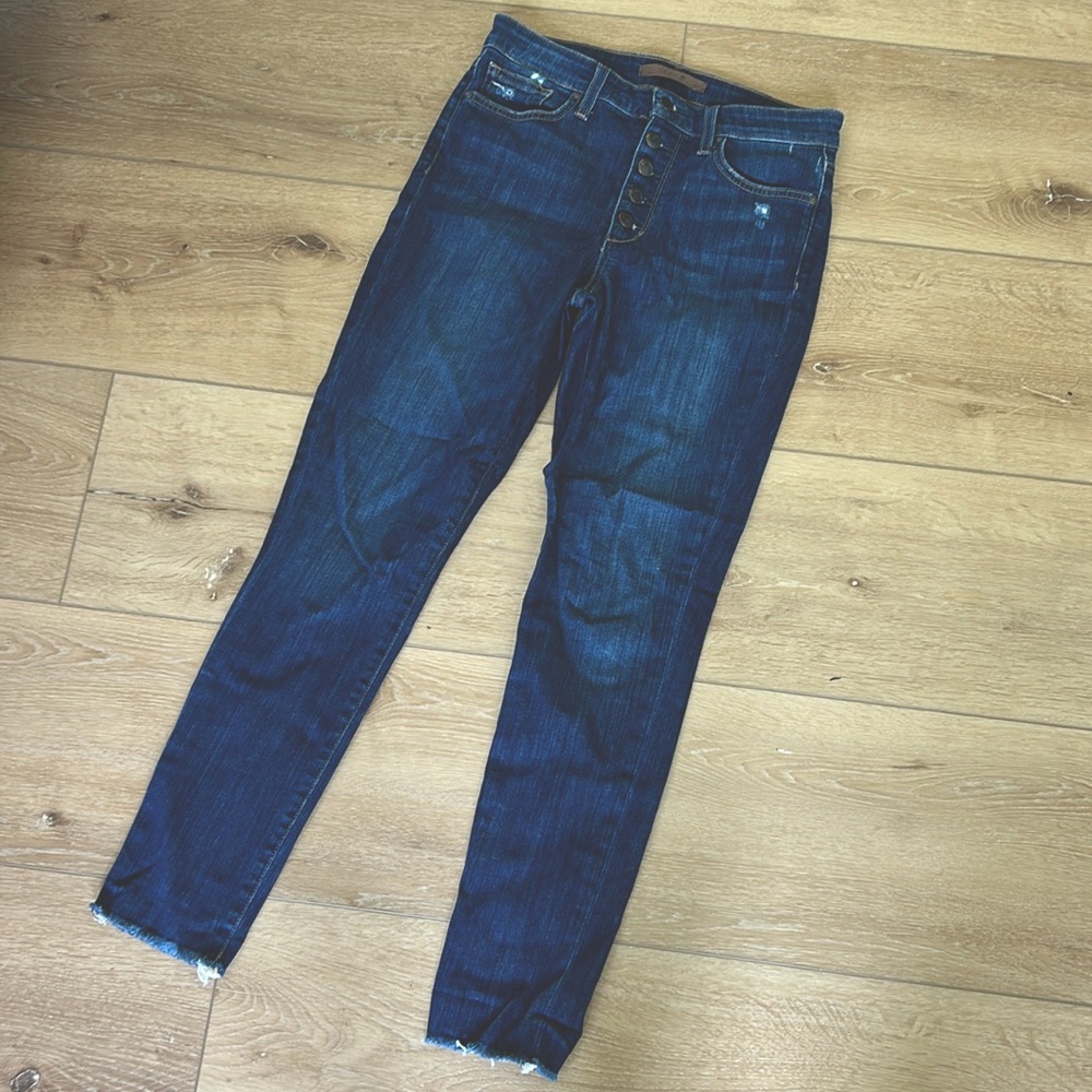 Joe’s Jeans high rise skinny ankle raw hem button fly detailing stretch